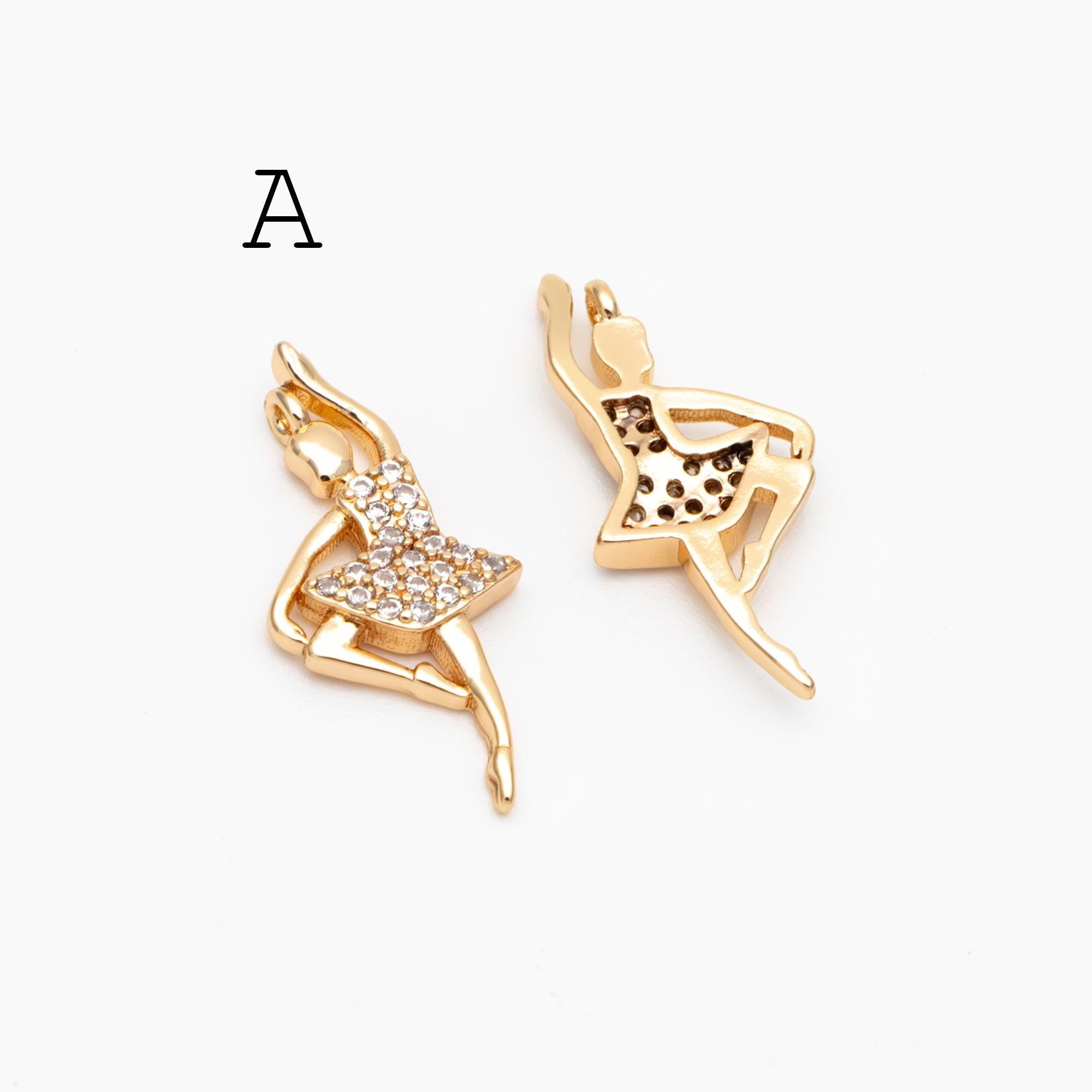4pcs CZ Pave Gold Ballerina Charms, 18K Gold plated Brass, Ballet Leap Dancer Charm, girl charm (GB-1189)